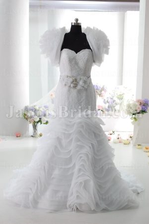 Mermaid Sweetheart Sweetheart Allover Lace Jeweled Belt Layered Wave Chapel Train Organza Wedding Dresses with Bolero