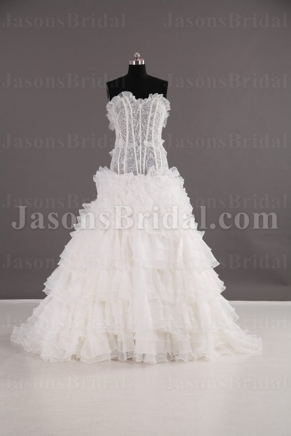 Fit-and-Flare Frilled Sweetheart Beaded Sheer Bodice Sweep Train Tiered Ruffled Organza Wedding Dresses