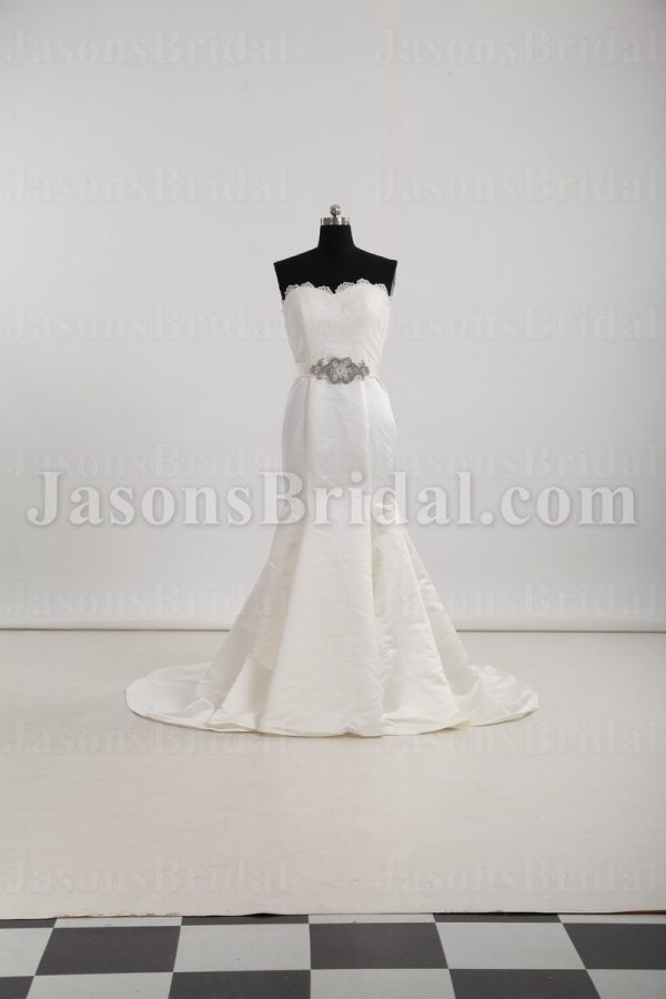 Trumpet Scalloped Sweetheart Lace Bodice Jeweled Belt Pleated Sweep Train Satin Wedding Dresses