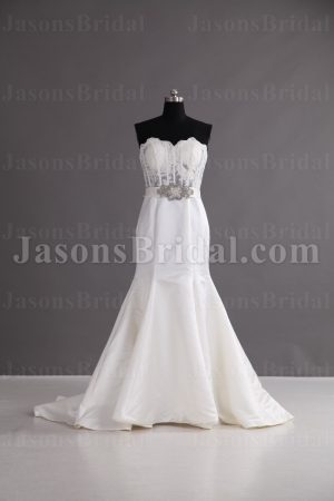 Trumpet Scalloped Sweetheart Lace Sheer Bodice Jeweled Belt Pleated Sweep Train Satin Wedding Dresses