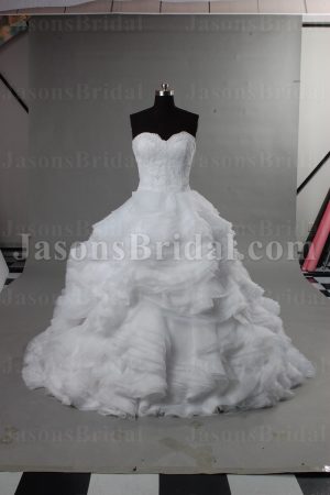 Dramatic Ball Gown Scalloped Sweetheart Allover Lace Bodice Sprial Wave Chapel Train Organza Wedding Dresses