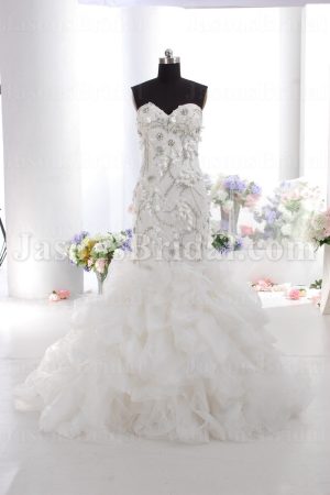 Glamorous Trumpet Sweetheart Allover Beaded Adorned Flowers Chapel Train Tufted Organza Wedding Dresses