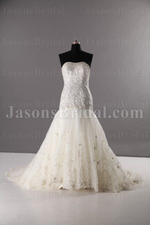 Glamorous Trumpet Sweetheart Allover Beaded Embroidered Corset Sweep Train Tulle Wedding Dresses