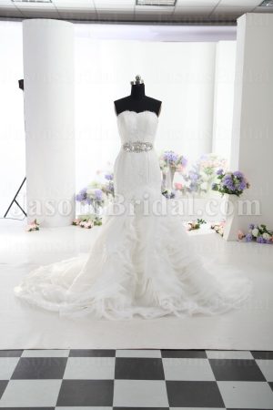 Trumpet Scalloped Sweetheart Allover Lace Bodice Jeweled Belt Chapel Train Spiral Wave Organza Wedding Dresses