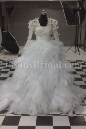 Ball Gown Sweetheart Beaded Appliqued Ruched Belt Chapel Train Ruffled Tulle Wedding Dresses with Long Sheer Sleeve Bolero