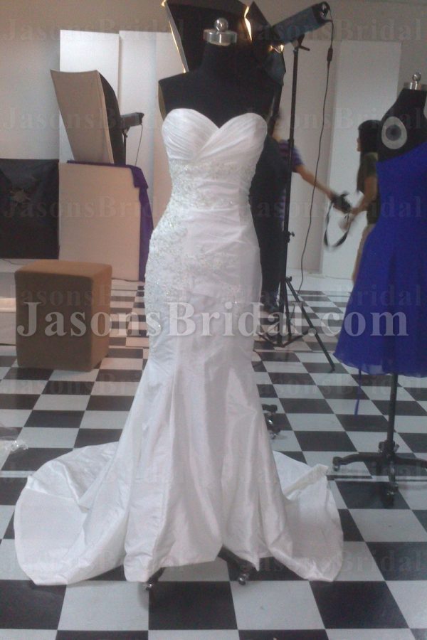 Trumpet Sweetheart Ruched Asymmetrical Pleated Beaded Embroidered Sweep Train Satin Wedding Dresses