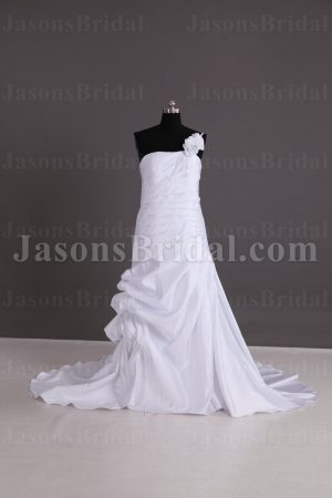 Fit-and-Flare Floral Spaghetti One-shoulder Ruched Asymmetrical Pleated Side Bustled Sweep Train Satin Wedding Dresses