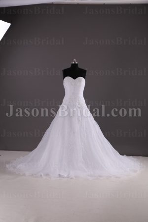 Glamorous A-line Sweetheart Beaded Embroidered Ruched Corset Chapel Train Organza Wedding Dresses