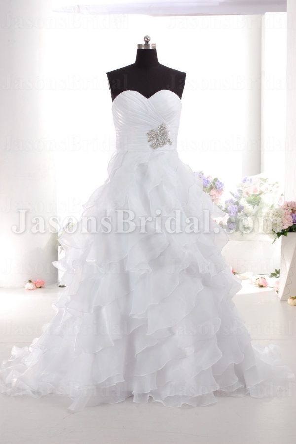 Ball Gown Sweetheart Ruched Jeweled Embellished Layered Spiral Wave Sweep Train Organza Wedding Dresses