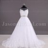 Ball Gown Sleeveless Sheer Bateau Neckline Allover Lace Bodice Jeweled Waist Chapel Train Lace Tulle Wedding Dresses