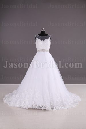 Ball Gown Sleeveless Sheer Bateau Neckline Allover Lace Bodice Jeweled Waist Chapel Train Lace Tulle Wedding Dresses