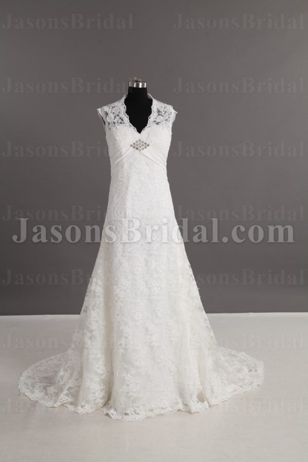 Glamorous A-line Queen Anne Jeweled Embellished Belt Keyhole Back Sweep Train Tulle Wedding Dresses