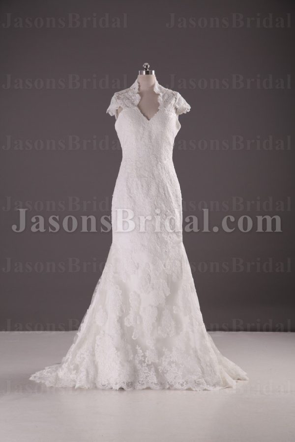 Elegant Fit-and-Flare Queen Anne Neckline Keyhole Back Sweep Train Lace over Satin Wedding Dresses