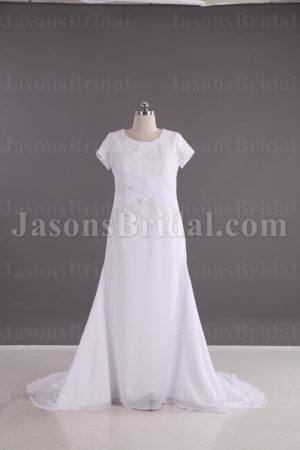 Modest A-line Short Sleeves Scoop Neckline Beaded Embroidered Ruched Cross Belts Sweep Train Chiffon Wedding Dresses