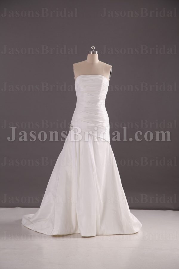 Elegant Trumpet Strapless Ruched Asymmetrical Pleated Side Jeweled Sweep Train Taffeta Wedding Dresses