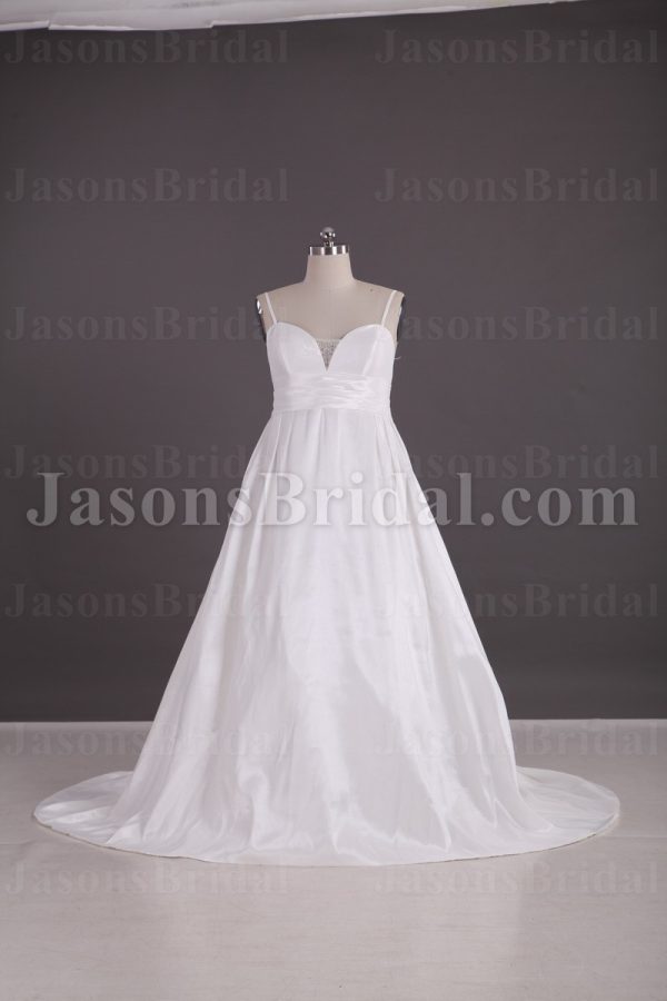 Elegant A-line Spaghetti Sweetheart Ruched Waistband Sweep Train Taffeta Wedding Dresses