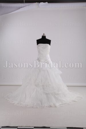 Fit-and-Flare Strapless Beaded Embroidered Crossed Asymmetrical Ruched Bodice Chapel Train Bustled Organza Wedding Dresses