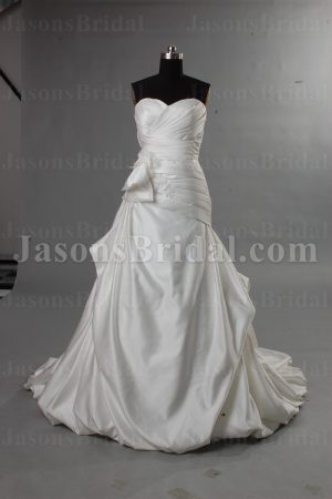 Fit-and-Flare Sweetheart Ruched Asymmetrical Pleated Adorned Flowers Beaded Appliques Side Draped Sweep Train Bubble Hem Satin Wedding Dresses