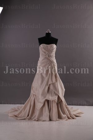 Fit-and-Flare Sweetheart Beaded Embroidered Ruched Side Draped Sweep Train Bustled Taffeta Wedding Dresses