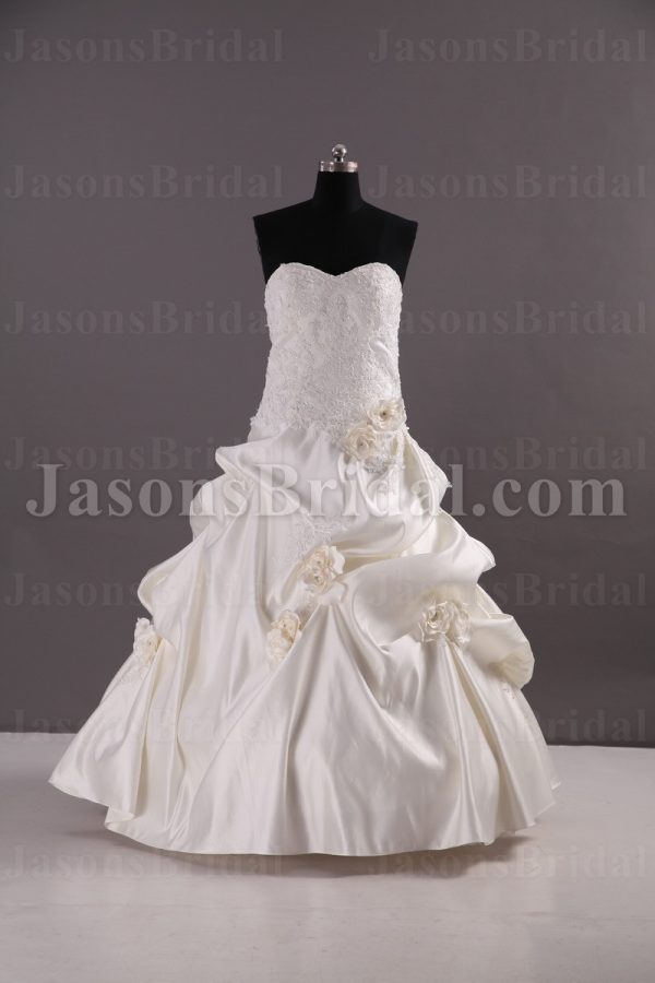 Ball Gown Sweetheart Beaded Appliques Adorned Flowers Pick-up Floor Length Satin Wedding Dresses