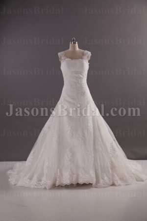 Fit-and-Flare Cap Sleeves Allover Appliques Chapel Train Tulle Lace over Satin Wedding Dresses