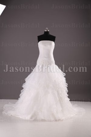 Fit-and-Flare Strapless Beaded Dropped Waist Tiered Layers Sweep Train Organza Satin Wedding Dresses