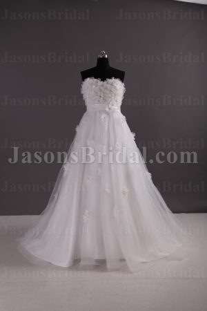 Empire A-line Sweetheart Beaded Adorned Flowers Ribbon Sweep Train Tulle over Satin Wedding Dresses