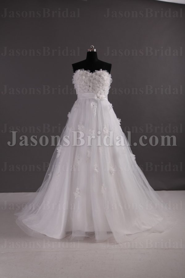 Empire A-line Sweetheart Beaded Adorned Flowers Ribbon Sweep Train Tulle over Satin Wedding Dresses