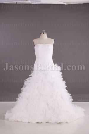 Fit-and-Flare Sweetheart Beaded Appliques Asymmetrical Ruched Sweep Train Ruffled Organza Wedding Dresses