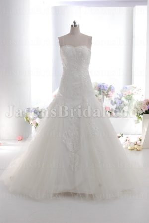 Fit-and-Flare Sweetheart Beaded Allover Appliques Sweep Train Tulle over Satin Wedding Dresses