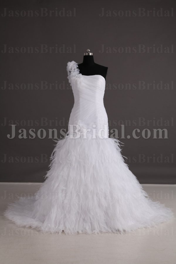 Fit-and-Flare Floral One-shoulder Sweetheart Asymmetrical Ruched Sweep Train Ruffled Tulle Wedding Dresses