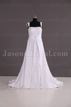 Princess A-line Cap Sleeve Sweetheart Beaded Embroidered Jeweled Ruched Waistband Front Slit Chapel Train Satin Wedding Dresses