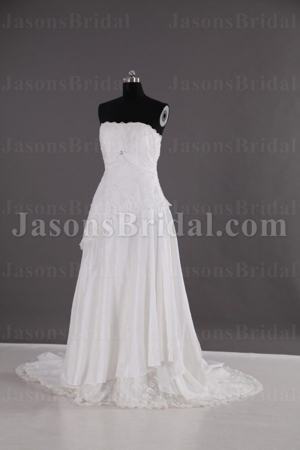 Fit-and-Flare Scalloped Strapless Beaded Appliques Jeweled Belt Sweep Train Satin Wedding Dresses