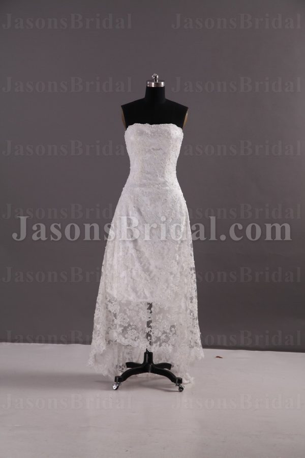 Princess A-line Strapless High-low Hemline Beaded Lace over Satin Wedding Dresses