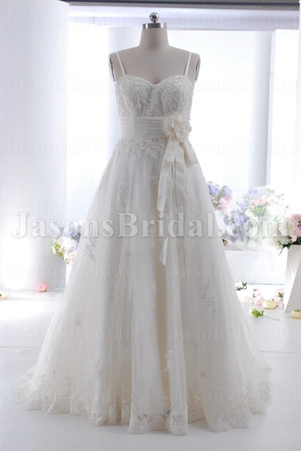 A-line Spaghetti Sweetheart Beaded Appliques Ruched Belt Adorned Flower Sweep Train Tulle Lace over Satin Wedding Dresses