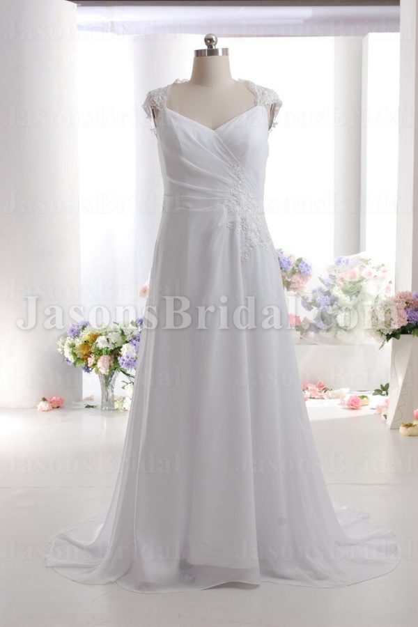 A-line Queen Anne Neckline Asymmetrical Ruched Beaded Appliques Open Back Sweep Train Chiffon over Satin Wedding Dresses