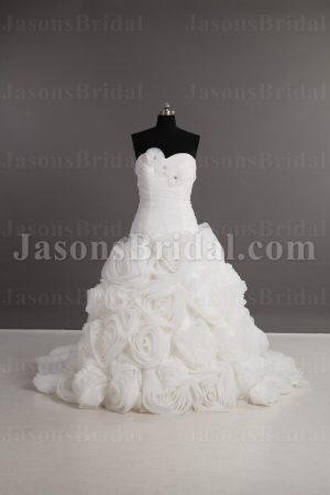 Dramatic Ball Gown Sweetheart Adorned Flowers Asymmetrical Ruched Chapel Train Spiral Wave Organza Wedding Dresses