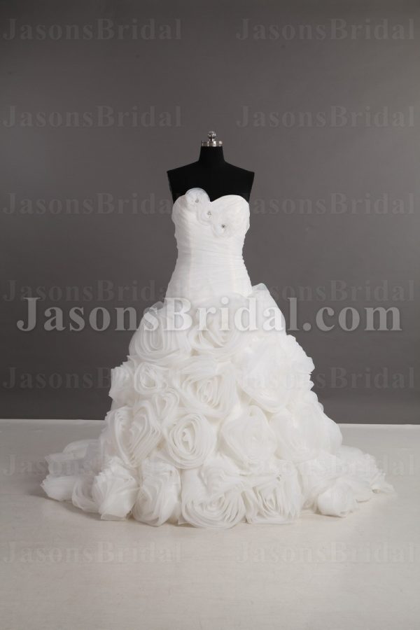 Dramatic Ball Gown Sweetheart Adorned Flowers Asymmetrical Ruched Chapel Train Spiral Wave Organza Wedding Dresses