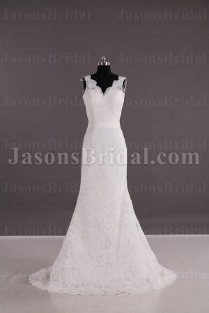 Trumpet Sleeveless Scalloped V-neck Ribbon Low Back Sweep Train Lace over Satin Wedding Dresses