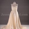 A-line Scalloped Sweetheart Allover Lace Bodice Ribbon Adorned Flowers Appliques Chapel Train Pleated Satin Wedding Dresses