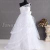 Ball Gown Sheer One-shoulder Adorned Flowers Ribbon Asymmetrical Layered Floor Length Tulle Wedding Dresses