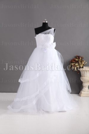 Ball Gown Sheer One-shoulder Adorned Flowers Ribbon Asymmetrical Layered Floor Length Tulle Wedding Dresses