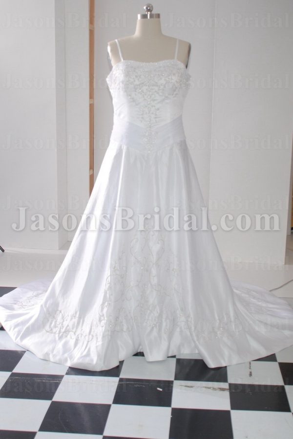 Princess A-line Spaghetti Sweetheart Beaded Embroidered Ruched Belt Chapel Pleated Satin Wedding Dresses