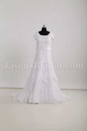 Modest Fit-and-Flare Short Sleeves Bateau Neckline Beaded Embroidered Belt Sweep Train Lace over Satin Wedding Dresses