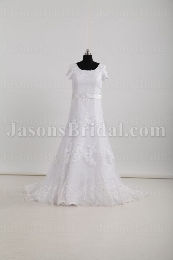 Modest Fit-and-Flare Short Sleeves Bateau Neckline Beaded Embroidered Belt Sweep Train Lace over Satin Wedding Dresses