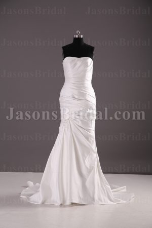 Trumpet Sweetheart Ruched Asymmetrical Pleated Beaded Side Draped Sweep Train Satin Wedding Dresses