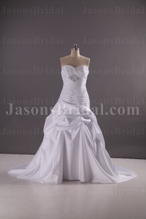 Trumpet Sweetheart Ruched Asymmetrical Pleated Jeweled Pick-up Chapel Train Satin Wedding Dresses