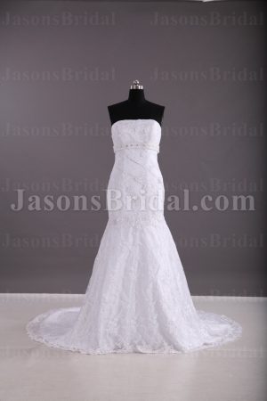 Trumpet Strapless Beaded Appliques Belt Adorned Flowers Sweep Train Lace over Satin Wedding Dresses