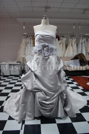 Trumpet Strapless Ruched Adorned Flowers Asymmetrical Pick-up Chapel Train Satin Wedding Dresses