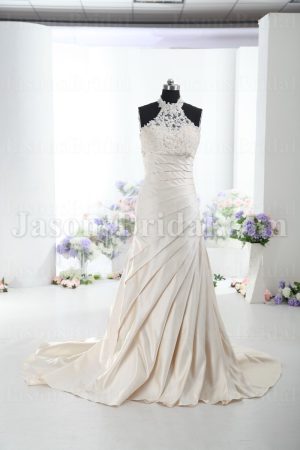 Glamorous Trumpet Appliqued Halter Asymmetrical Pleated Chapel Train Satin Wedding Dresses